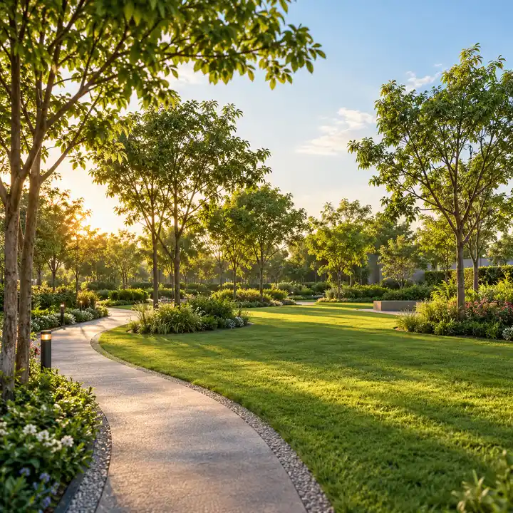 Vaishnavi Villas Sarjapur Road landscaped park with lawns, trees and walking paths, artist's impression Vaishnavi Villas Sarjapur Road landscaped park with lawns, trees and walking paths, artist's impression